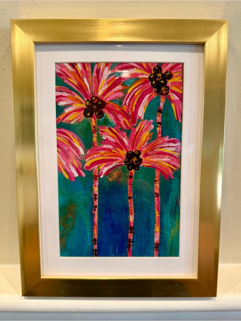 Pink Palm Tree Art Print in Gold Frame